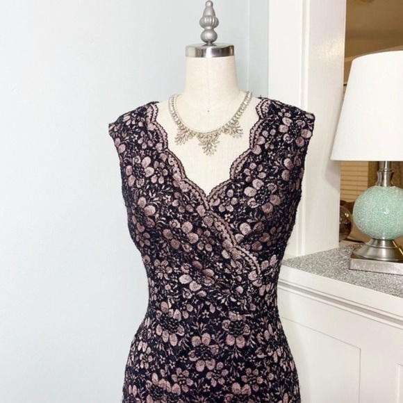 Tahari Black & Rose Gold Lace V Neck Sheath Dress 2 XS - Picture 3 of 11